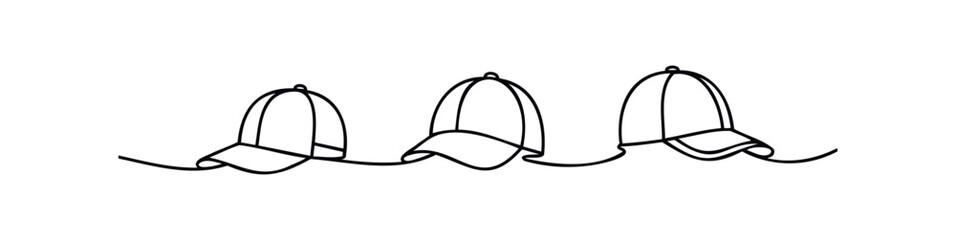 Minimalist black continuous line drawing illustrating a repeating sequence of three baseball caps, perfect for athletic apparel branding, youth clothing projects, and urban streetwear