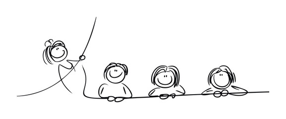 A friendly teacher interacts with smiling students in a classroom setting, perfect for educational resources, school advertisements, and presentations about learning and teaching.