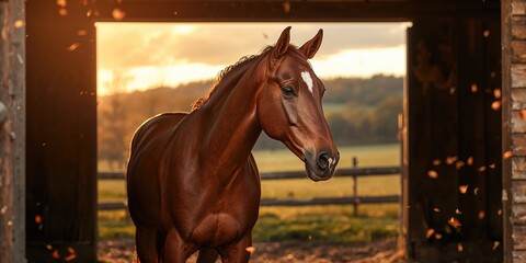 Fototapeta premium Horse in the stable, focusing on stable maintenance procedures, natural lighting conditions, and barn interior details