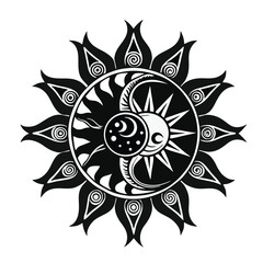 design logo lino cut  style illustration sun and moon motif with swirling