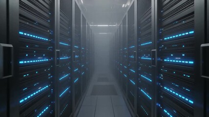 Futuristic Data Center Server Room with Glowing Blue Lights. - Powered by Adobe