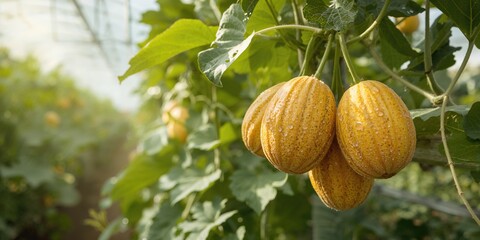 Obraz premium Cantaloupe melons growing in a greenhouse on an organic farm, emphasizing summer harvest and natural cultivation, Earth Day