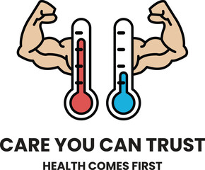 Two thermometers with a man's arms in between them