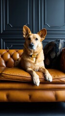 Fashionable dog in luxury outfit and golden sunglasses, Stylish pup posing on vintage leather couch in luxury vibe, Glamorous pet character in chic accessories, golden tone concept,fashion dog, luxur 