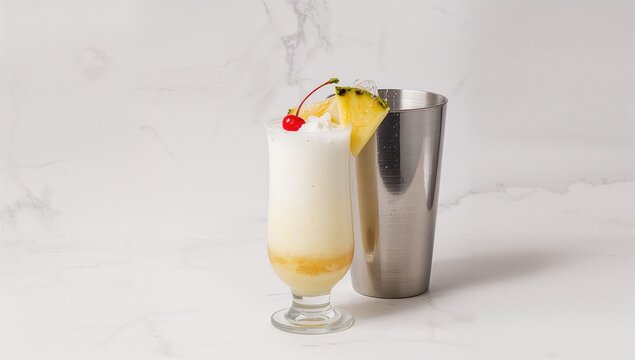 Pina colada cocktail in glass with shaker, tropical refreshment for summer gatherings
