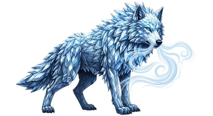 Majestic ice wolf creature with crystalline fur exhaling frosty breath on a white background.