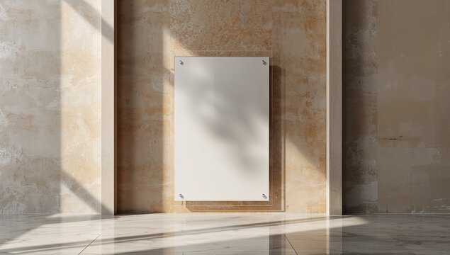 Mockup of an empty signboard for a business logo on a textured wall, serving as a background for branding or signage design