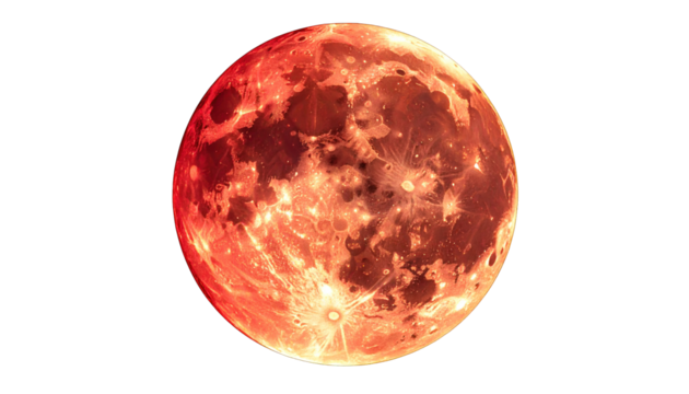 A vibrant, detailed depiction of the Earth's moon, engulfed in fiery, crimson tones