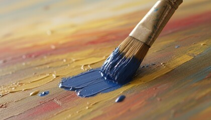 Fototapeta premium Blue paintbrush stroke spreads across warm canvas capturing moment of creative inspiration