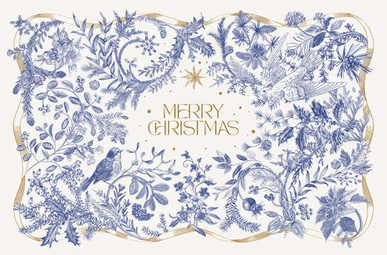 The Christmas dreams. Botanical horizontal vintage frame. Greeting card. Blue and white 