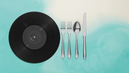 Fototapeta na wymiar Vinyl record and cutlery set, combining music enjoyment with culinary creativity