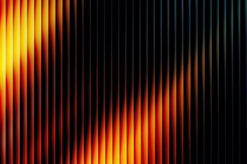 Dark abstract background with vertical orange stripes and ribbed texture featuring a fiery golden glow and modern linear pattern for futuristic wallpaper design.