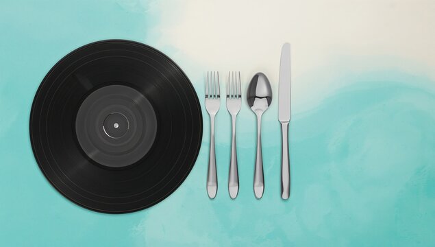 Vinyl record and cutlery set, combining music enjoyment with culinary creativity