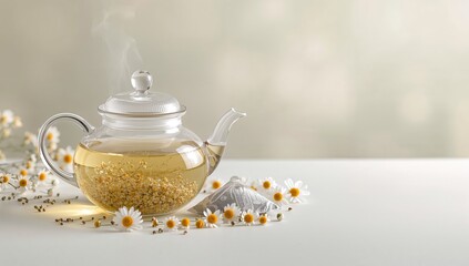 Chamomile tea in a teapot with flowers and tea bags on colorful background, suitable for herbal tea branding