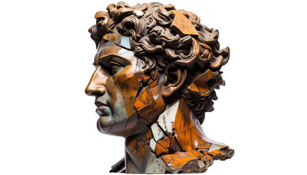 A fractured statue head, bronze and copper hues, set against a stark black background - Powered by Adobe