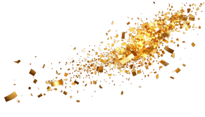 A sparkling, gold confetti stream bursts across a deep black background
