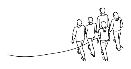 Group of diverse people walking together in a line, conveying movement and unity, perfect for team collaboration and social connection concepts.