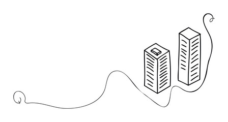 Abstract line drawing depicts business growth with rising bar graph buildings and a curved line representing progress or market fluctuation, perfect for finance and corporate themes.