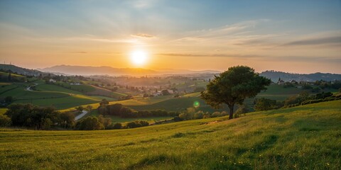 Fototapeta premium Sunset over a valley near Enna in central Sicily, Italy, as part of seasonal landscape change