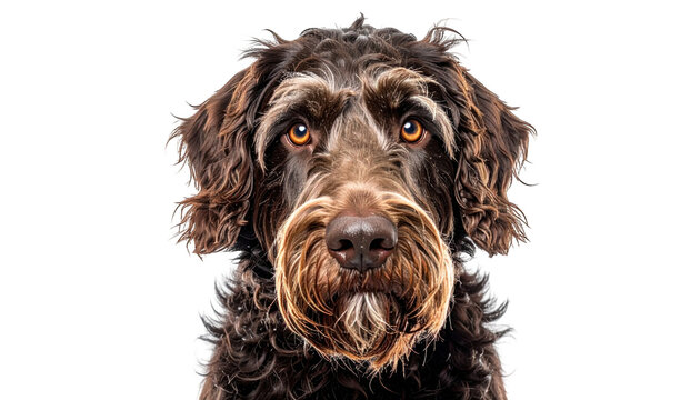 Headshot of a brown curly-haired dog with striking amber eyes, isolated on black