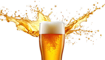 Glass of golden ale with a foamy head, set against a splash of liquid