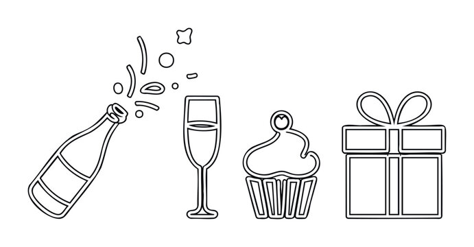 Celebration icons including champagne bottle with bubbles, champagne flute, cupcake, and gift box for festive occasions and party themes.