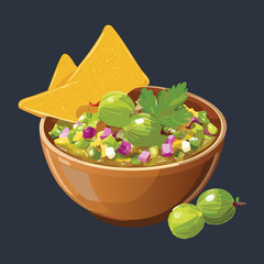 Homemade spicy guacamole dip in ceramic bowl served with crunchy tortilla chips and fresh green grapes for snack - Vector Illustration