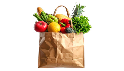 Brown paper bag overflowing with various fresh, colorful fruits and vegetables