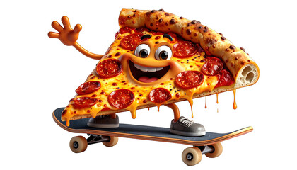Animated pepperoni pizza slice on skateboard with happy face, waving