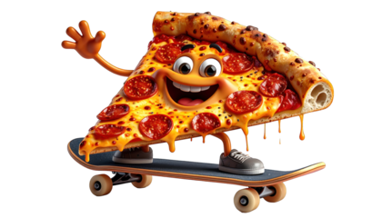 Animated pepperoni pizza slice on skateboard with happy face, waving