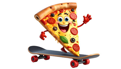 Smiling cartoon pizza slice with pepperoni and olives, skateboarding happily