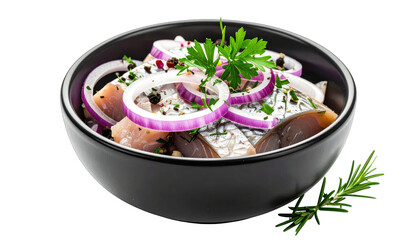 A dark bowl holds pickled fish with red onion rings and herbs on a black surface