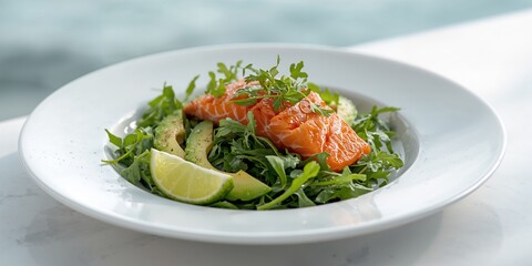 Salmon and avocado salad with arugula and lime served on a white plate, emphasizing a nutritious lunch option