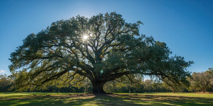 Large southern live oak tree over 300 years old at a historic park, emphasizing preservation efforts, Earth Day