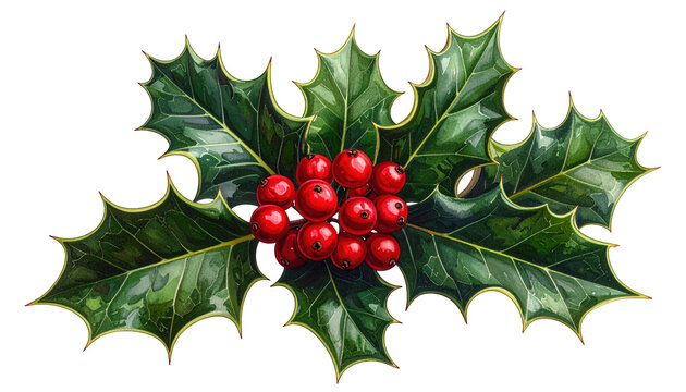 Watercolor illustration of holly branch with glossy green leaves and red berries - Powered by Adobe