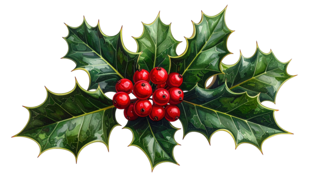 Watercolor illustration of holly branch with glossy green leaves and red berries