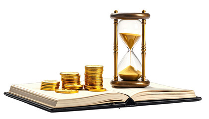 Golden coins stack and hourglass sit on an open book against black