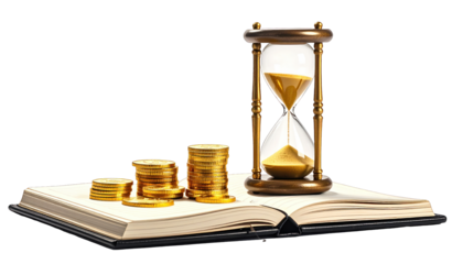 Golden coins stack and hourglass sit on an open book against black