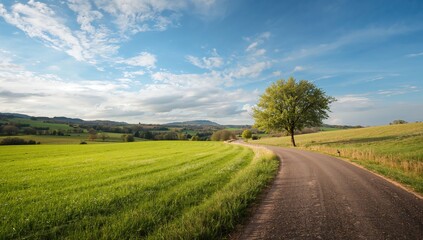 Fototapeta premium Country road in summer surrounded by trees and grass, emphasizing natural landscape and seasonal change