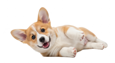 Happy playful corgi puppy lying on its back, smiling at the camera
