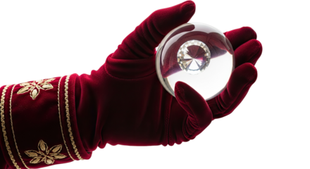 A gloved hand in red velvet with gold embroidery holding a clear crystal ball against a white background.