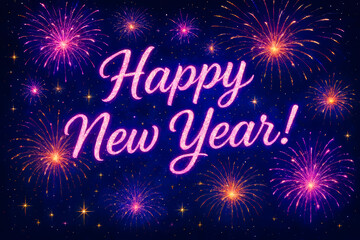 Energetic “Happy New Year!” with Purple and Pink Fireworks Display