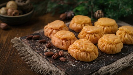 Fototapeta premium Colorful Sardinian dumplings arranged on a rustic wooden surface, vibrant cuisine choice