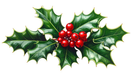 Sprig of glossy green leaves with bright red berries, a classic winter image