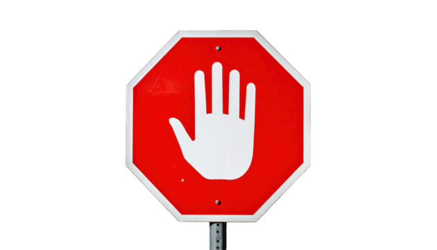 Red octagonal sign featuring a white hand signal for stop against black backdrop - Powered by Adobe