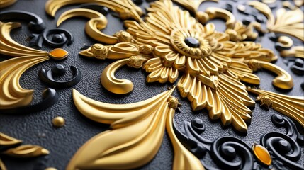 Close-up of a decorative gold filigree pattern with floral elements embossed on a textured black surface. The gold is highly polished, reflecting light and crea