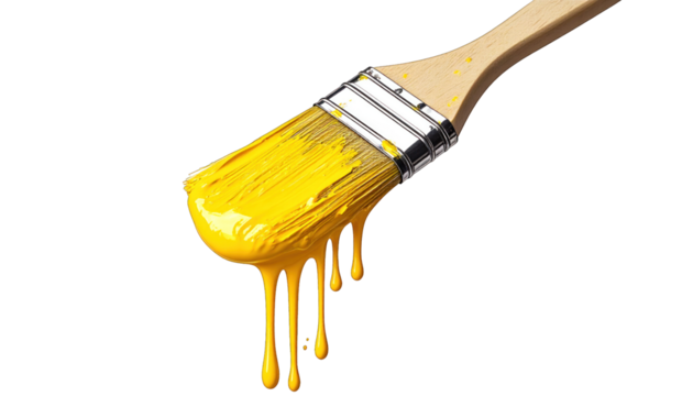 Paintbrush dripping bright yellow paint, isolated on a stark black background