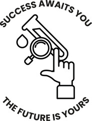 A black and white image of a hand pointing to a test tube with the words 