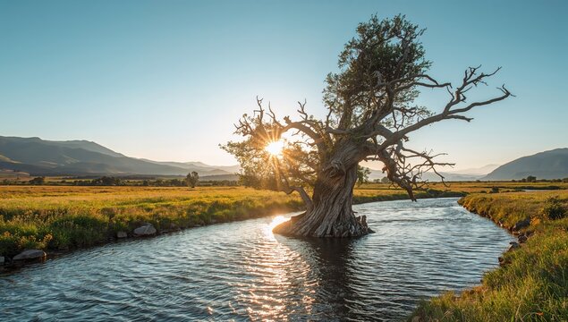 Fototapeta Dead tree standing in a river amid mountain scenery, emphasizing erosion risk