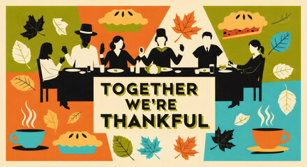 Fototapeta premium Group of men and women family gathering for Thanksgiving dinner with text together we are thankful for greeting card,